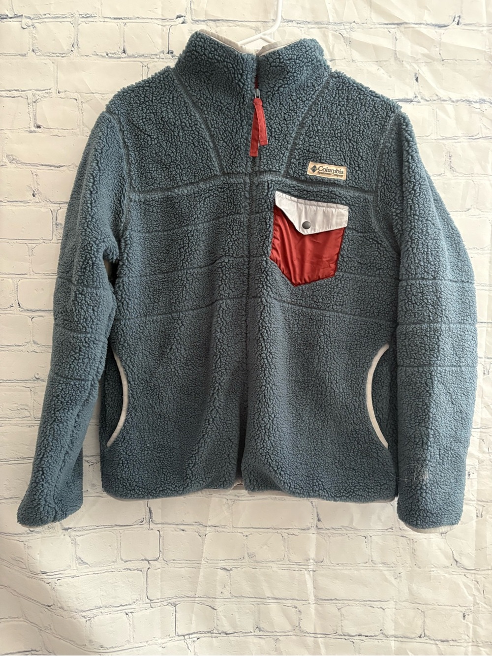 Columbia full zip fuzzy jacket blue/maroon size m